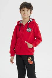 Polerón rojo para niño con capucha y estampado de logo Cars en el pecho estilo deportivo casual