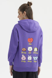 Polerón mujer violeta con capucha cremallera frontal y texto BT21 en el pecho pequeño personajes BT21 en la manga