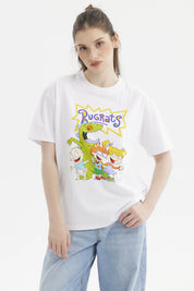 Polera blanca de mujer con personajes de Rugrats en el frente estilo animado a color de tamaño mediano