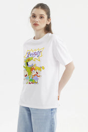 Polera blanca de mujer con personajes de Rugrats en el frente estilo animado a color de tamaño mediano