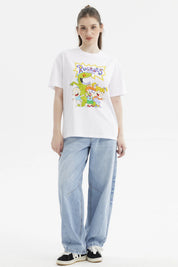 Polera blanca de mujer con personajes de Rugrats en el frente estilo animado a color de tamaño mediano