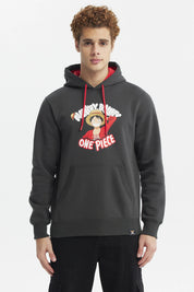 Polerón gris marengo con capucha y estampado de Monkey D Luffy de One Piece en el pecho estilo caricatura colorido