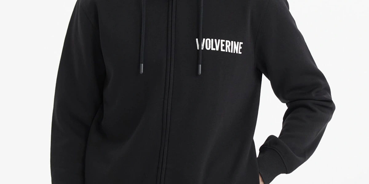 Polerón negro de hombre con capucha y cremallera texto Wolverine en blanco estilo casual sin estampa adicional