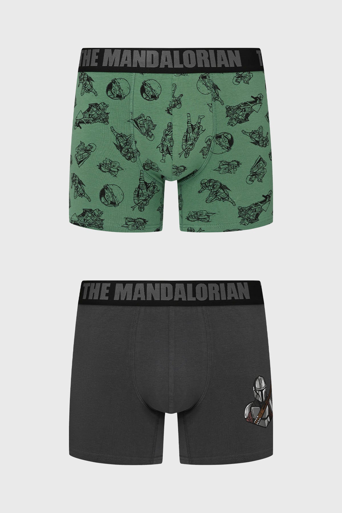 Boxer bipack para hombre en color marengo uno con diseño de The Mandalorian en estilo cómic y el otro liso con logo