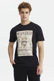 Polera negra de hombre con estampa grande de Monkey D. Luffy de One Piece estilo cartel WANTED al frente