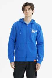 Polerón azul clásico con capucha y cremallera diseño de astronauta pequeño en el pecho estilo gráfico divertido