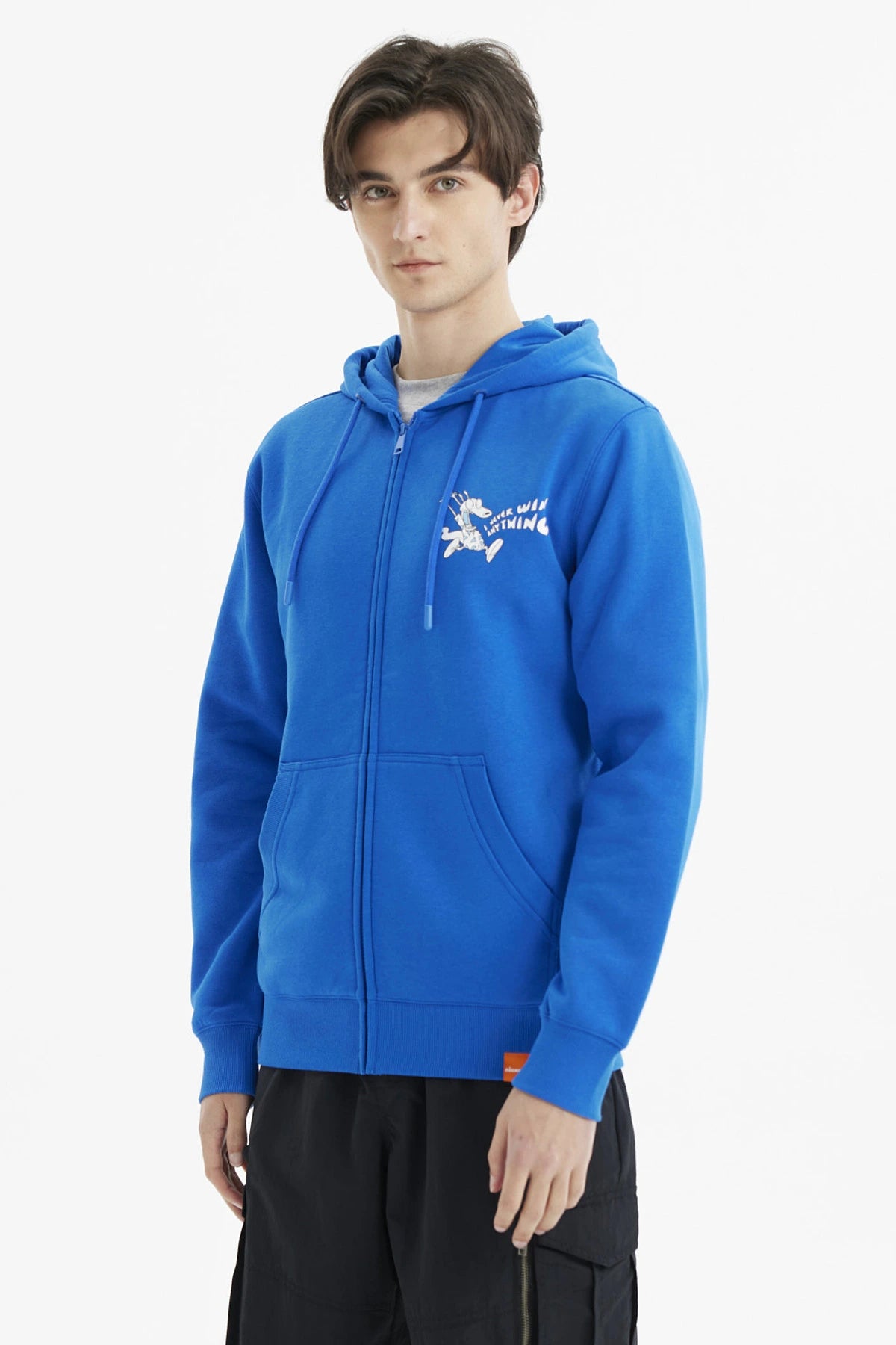 Polerón azul clásico con capucha y cremallera diseño de astronauta pequeño en el pecho estilo gráfico divertido