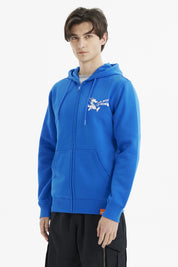 Polerón azul clásico con capucha y cremallera diseño de astronauta pequeño en el pecho estilo gráfico divertido