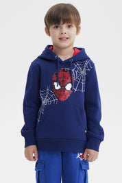 Polerón azul marino de niño con capucha dibujo de Spiderman al frente con telarañas blancas estilo cómic