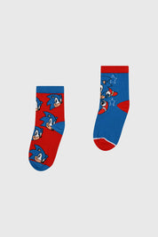 Bipack de calcetines niño azul con diseño de Sonic en rojo y azul estilo caricatura grande y pequeño