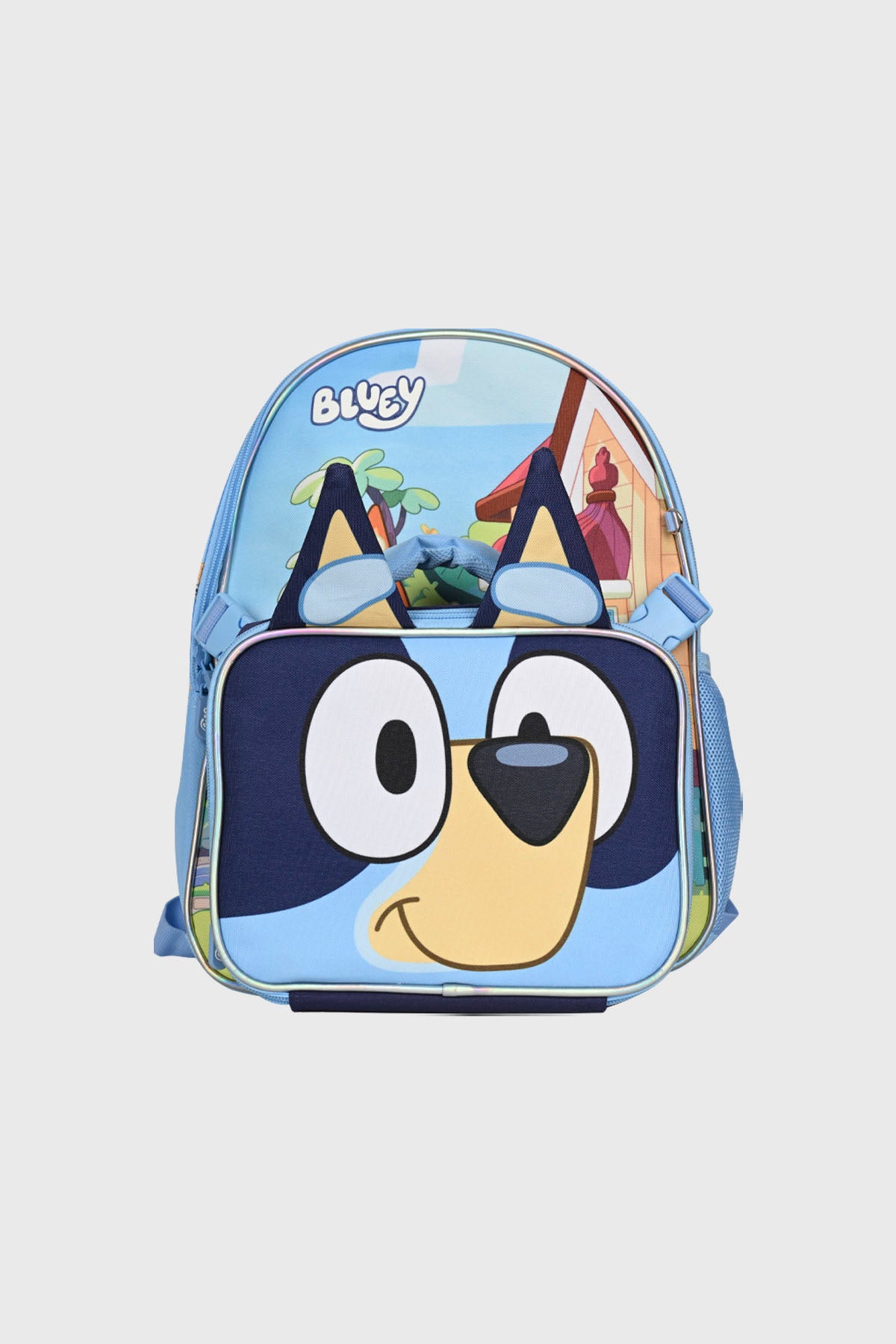 Mochila azul unisex con diseño de Bluey en el frente ocupando gran parte del espacio estilo dibujo animado