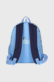 Mochila azul unisex con diseño de Bluey en el frente ocupando gran parte del espacio estilo dibujo animado