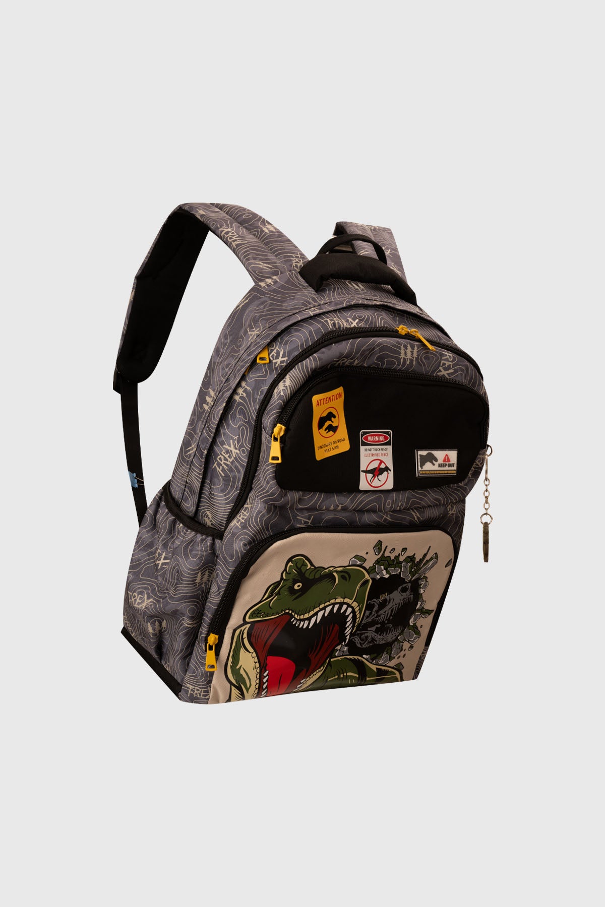 Mochila negra con diseño de dinosaurio T-Rex rompiendo pared en el bolsillo frontal estilo cómic