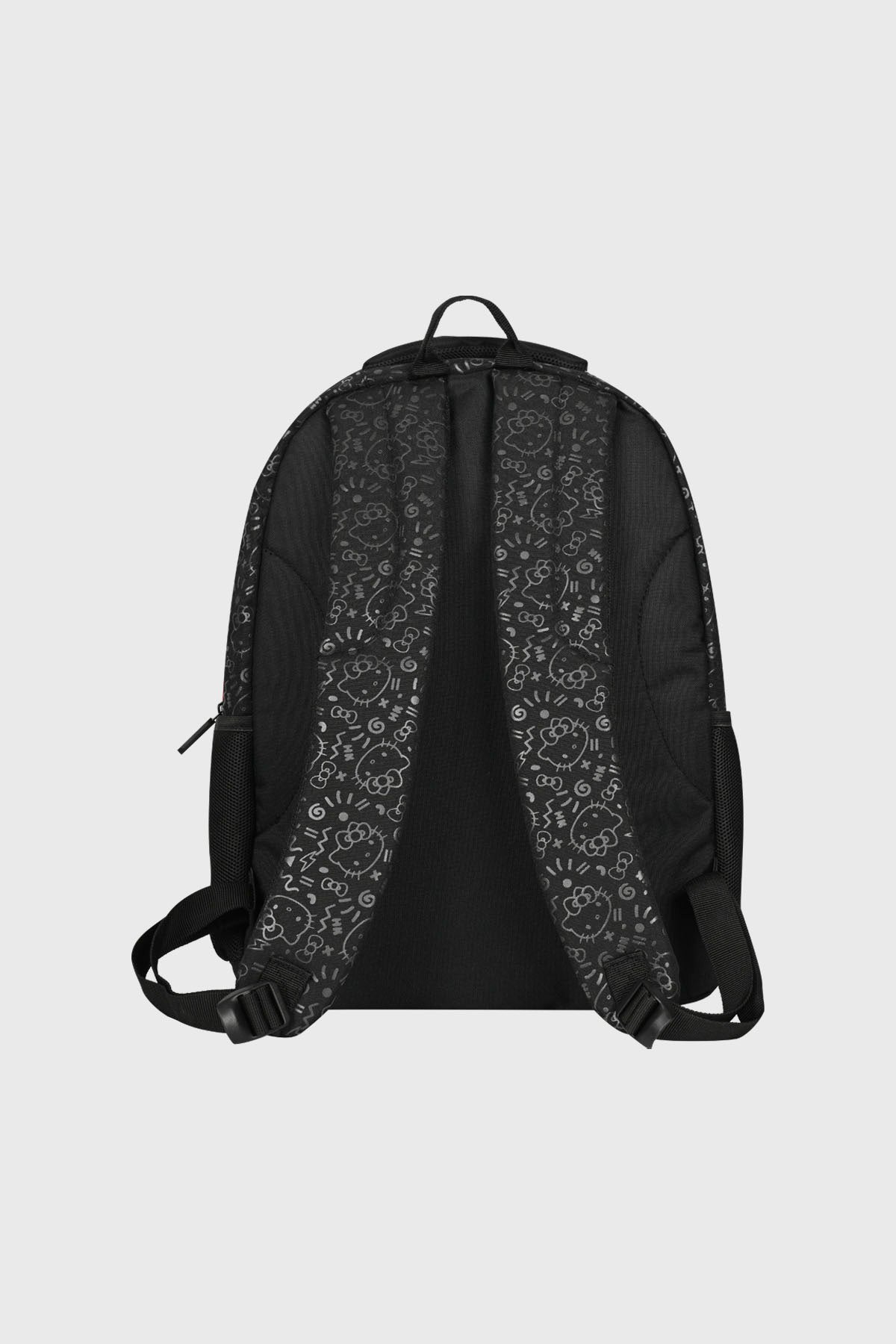 Mochila negra unisex con diseño de Hello Kitty en el frente estilo caricatura tamaño mediano con detalles rojos