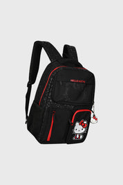 Mochila negra unisex con diseño de Hello Kitty en el frente estilo caricatura tamaño mediano con detalles rojos