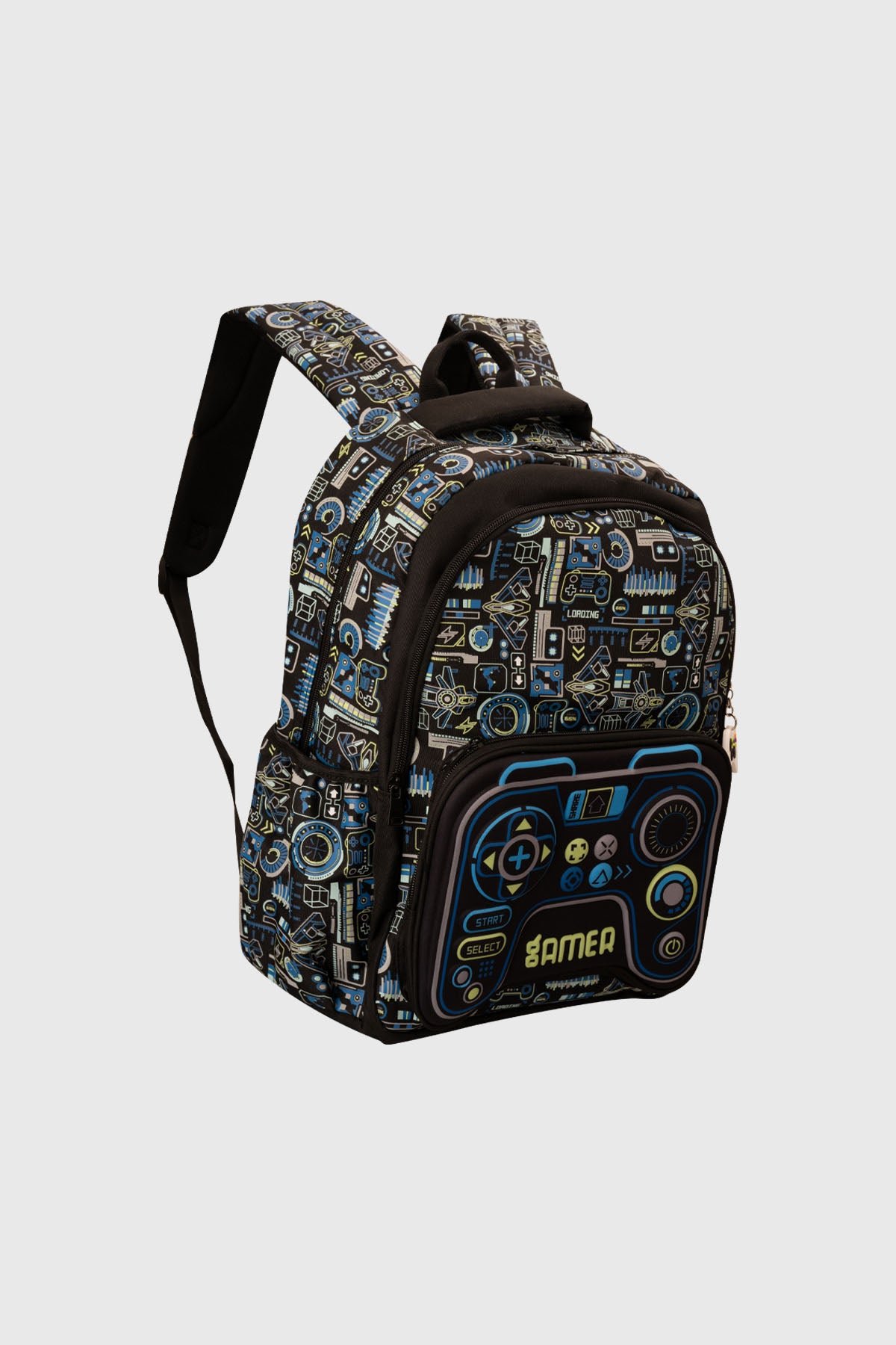 Mochila negra con diseño de control gamer azul y amarillo al frente con símbolos tecnológicos en toda la superficie