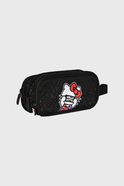 Estuche unisex negro con diseño de Hello Kitty al frente con fondo de símbolos pequeños estilo graffiti