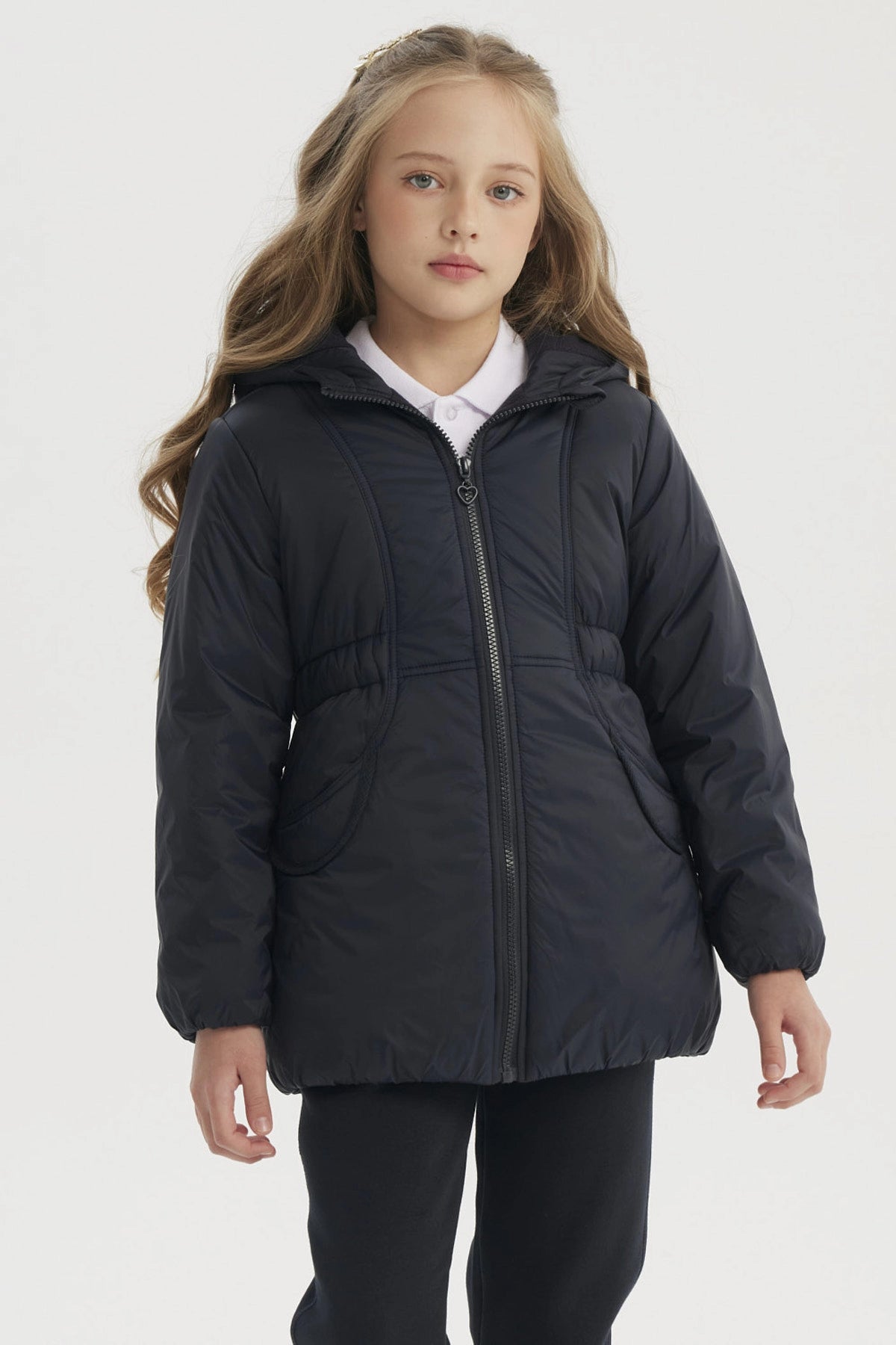 Parka unisex larga azul marino con polar y cierre frontal lisa sin estampa