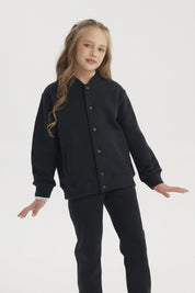 Chaqueta unisex azul marino lisa con botones frontales y bolsillos laterales estilo college