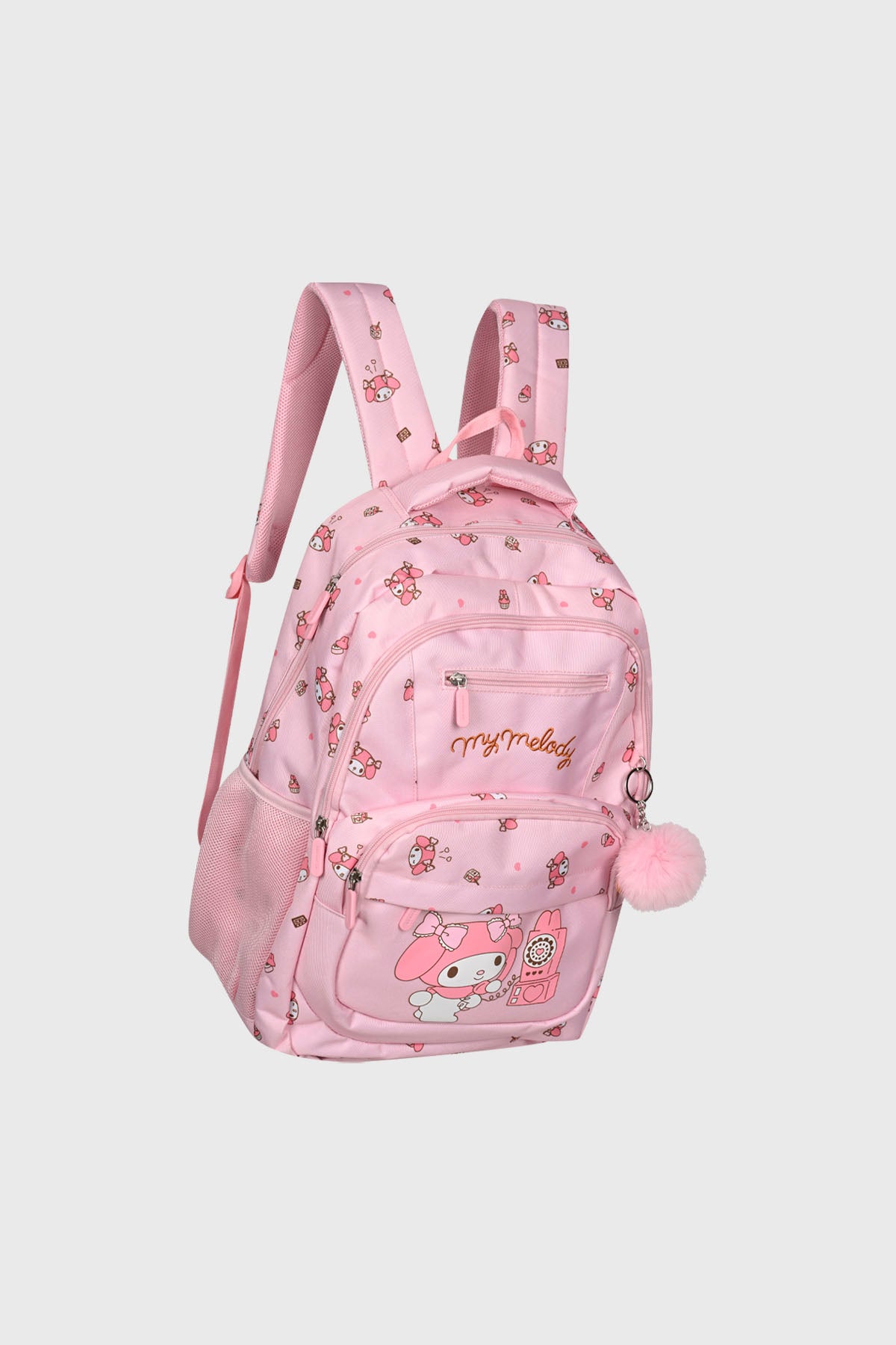 Mochila rosada unisex con estampado de My Melody al frente usando teléfono con fondo de corazones y pompon lateral