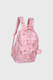 Mochila rosada unisex con estampado de My Melody al frente usando teléfono con fondo de corazones y pompon lateral