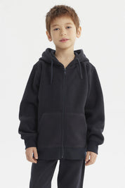 Micropolar azul marino unisex con capucha y cierre frontal sin estampa ideal para días frescos y cómodos