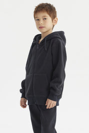 Micropolar azul marino unisex con capucha y cierre frontal sin estampa ideal para días frescos y cómodos