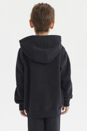 Micropolar azul marino unisex con capucha y cierre frontal sin estampa ideal para días frescos y cómodos
