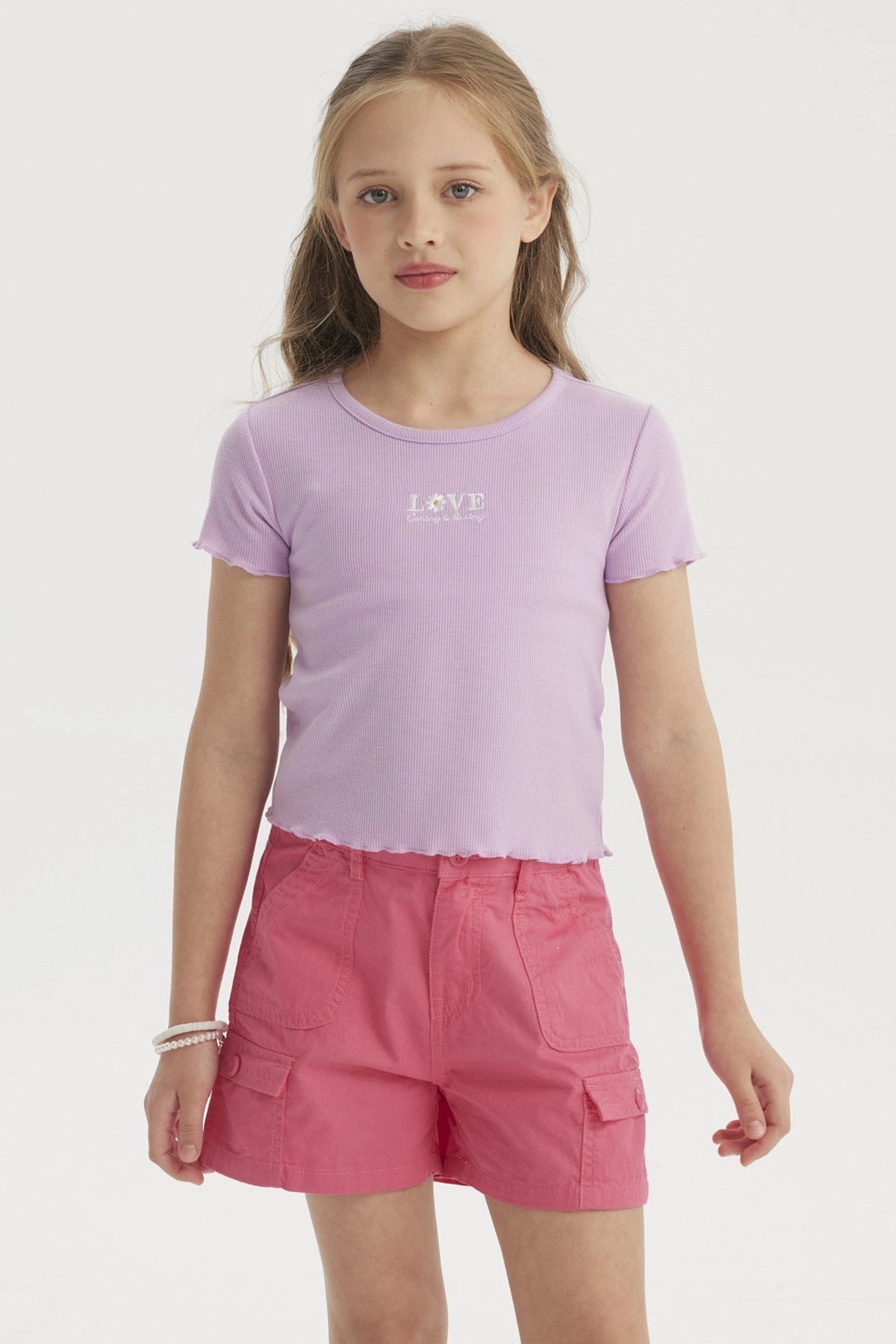 Polera Niña Rib Print Bordado Lila