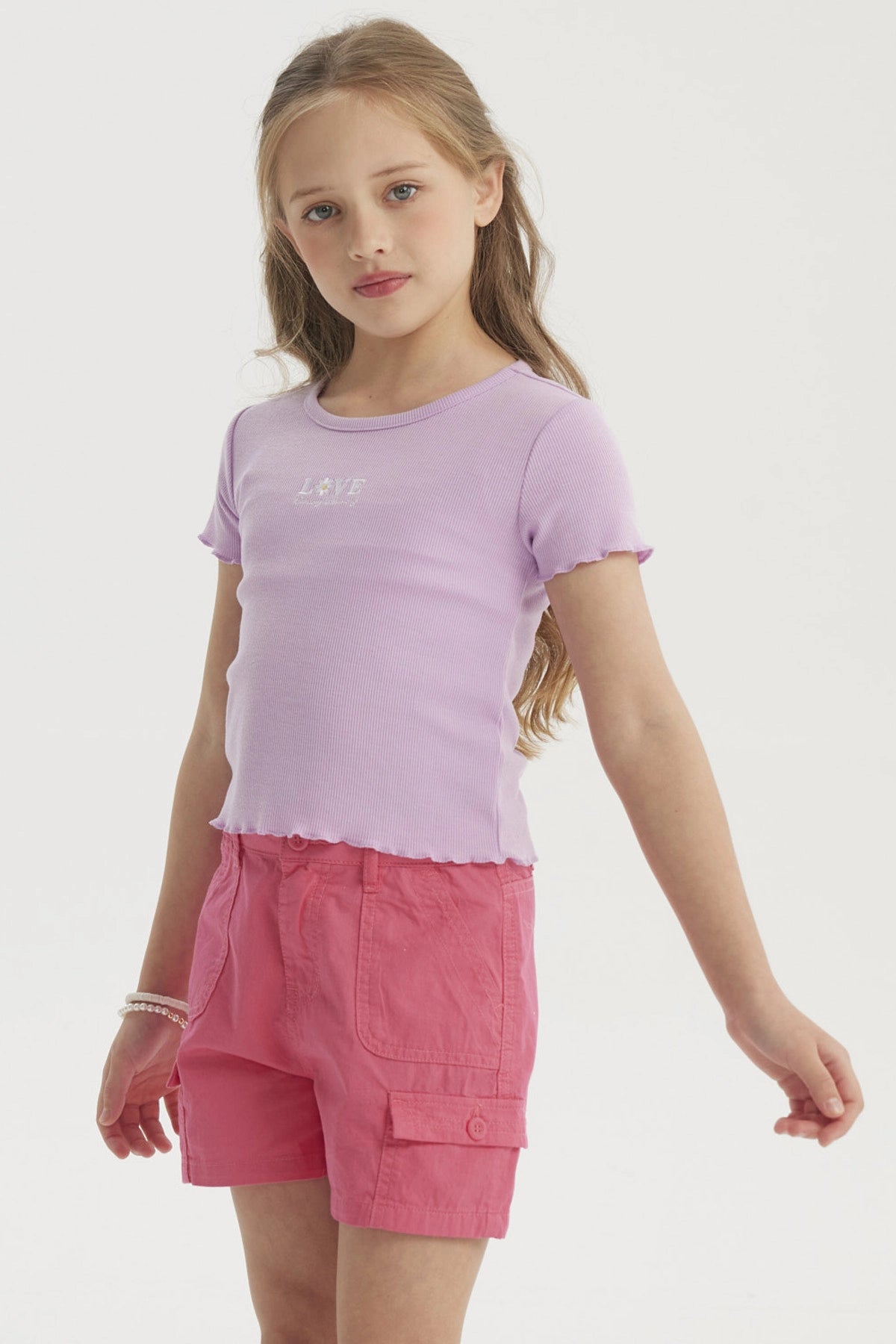 Polera Niña Rib Print Bordado Lila