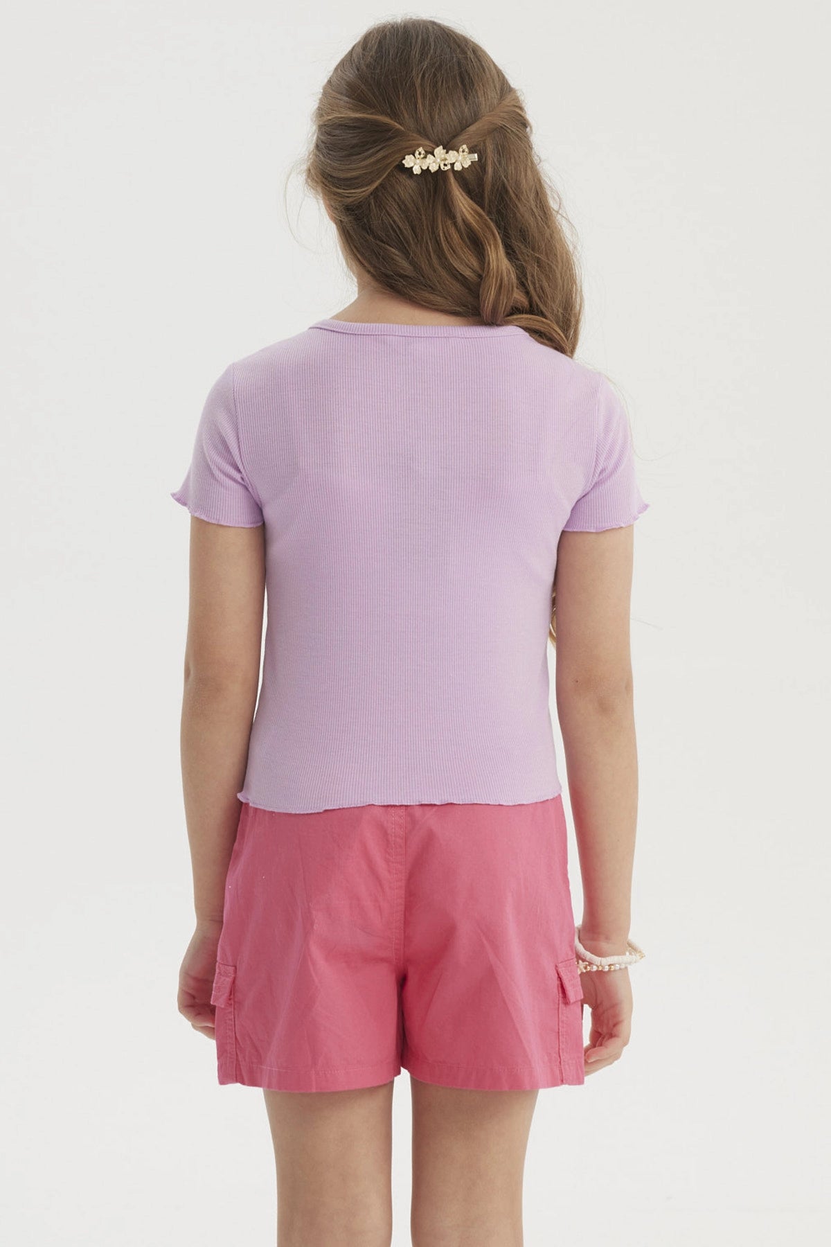 Polera Niña Rib Print Bordado Lila