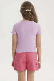 Polera Niña Rib Print Bordado Lila