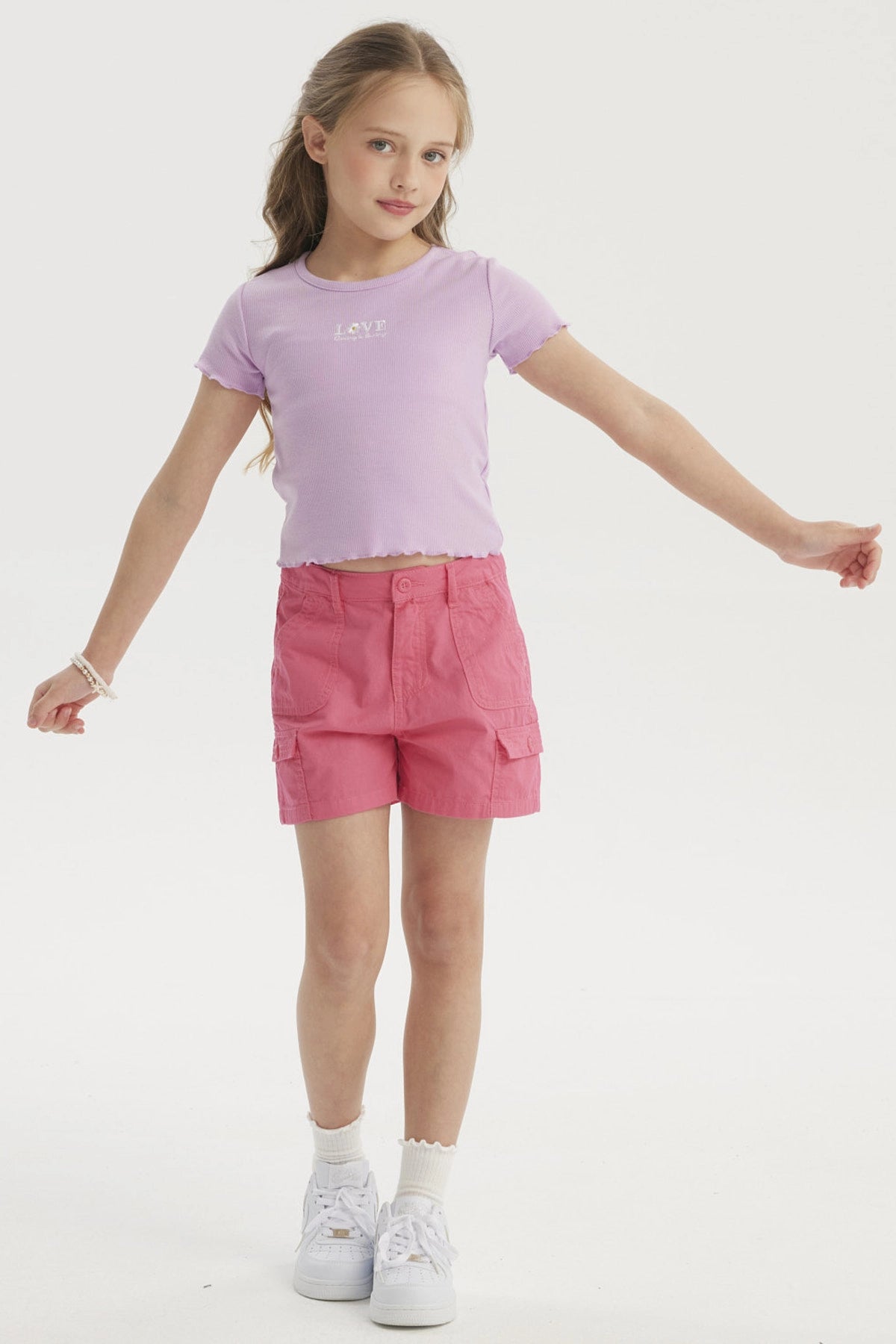 Polera Niña Rib Print Bordado Lila