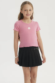 Polera Niña Rib Print Bordado Rosado