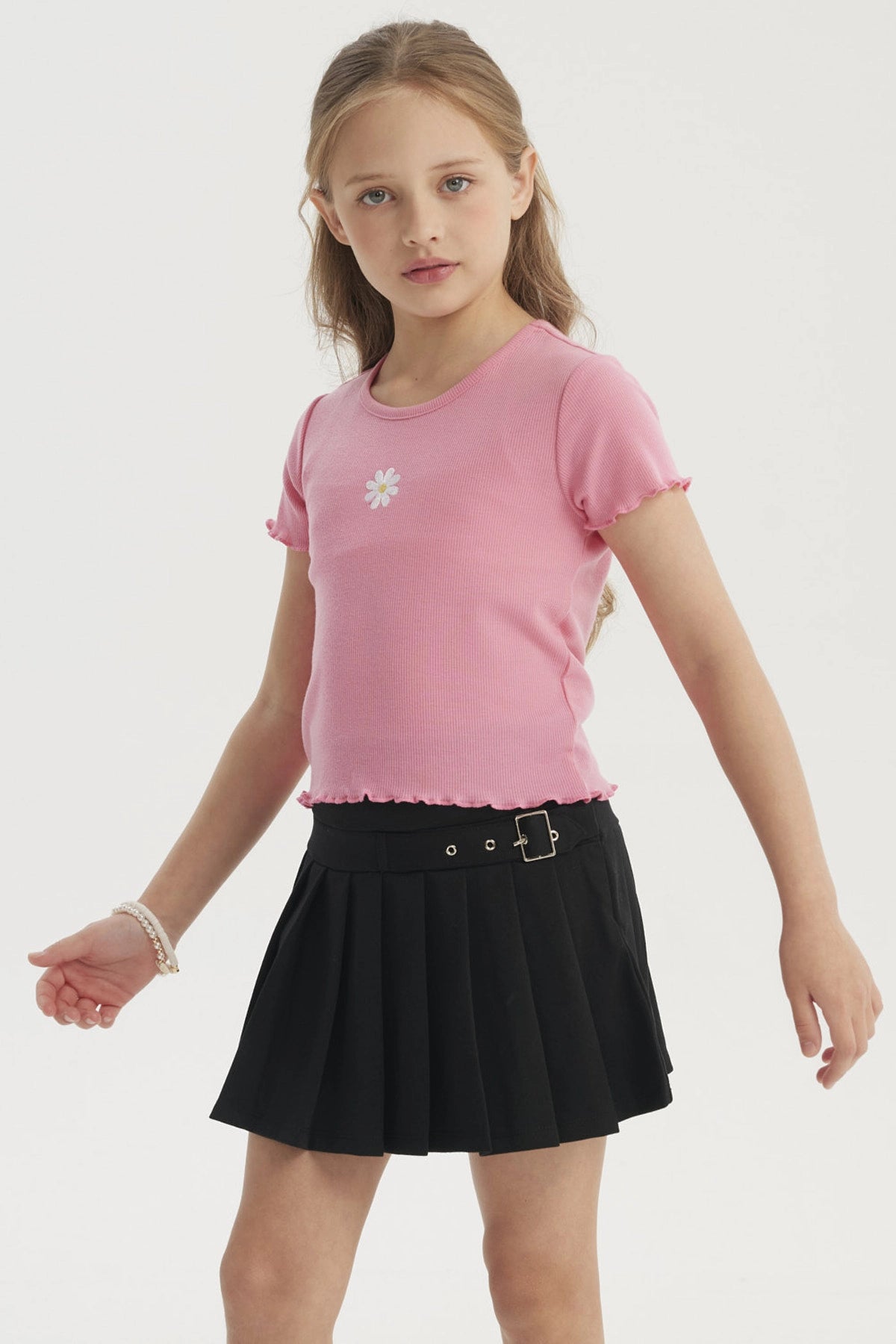 Polera Niña Rib Print Bordado Rosado