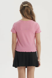 Polera Niña Rib Print Bordado Rosado