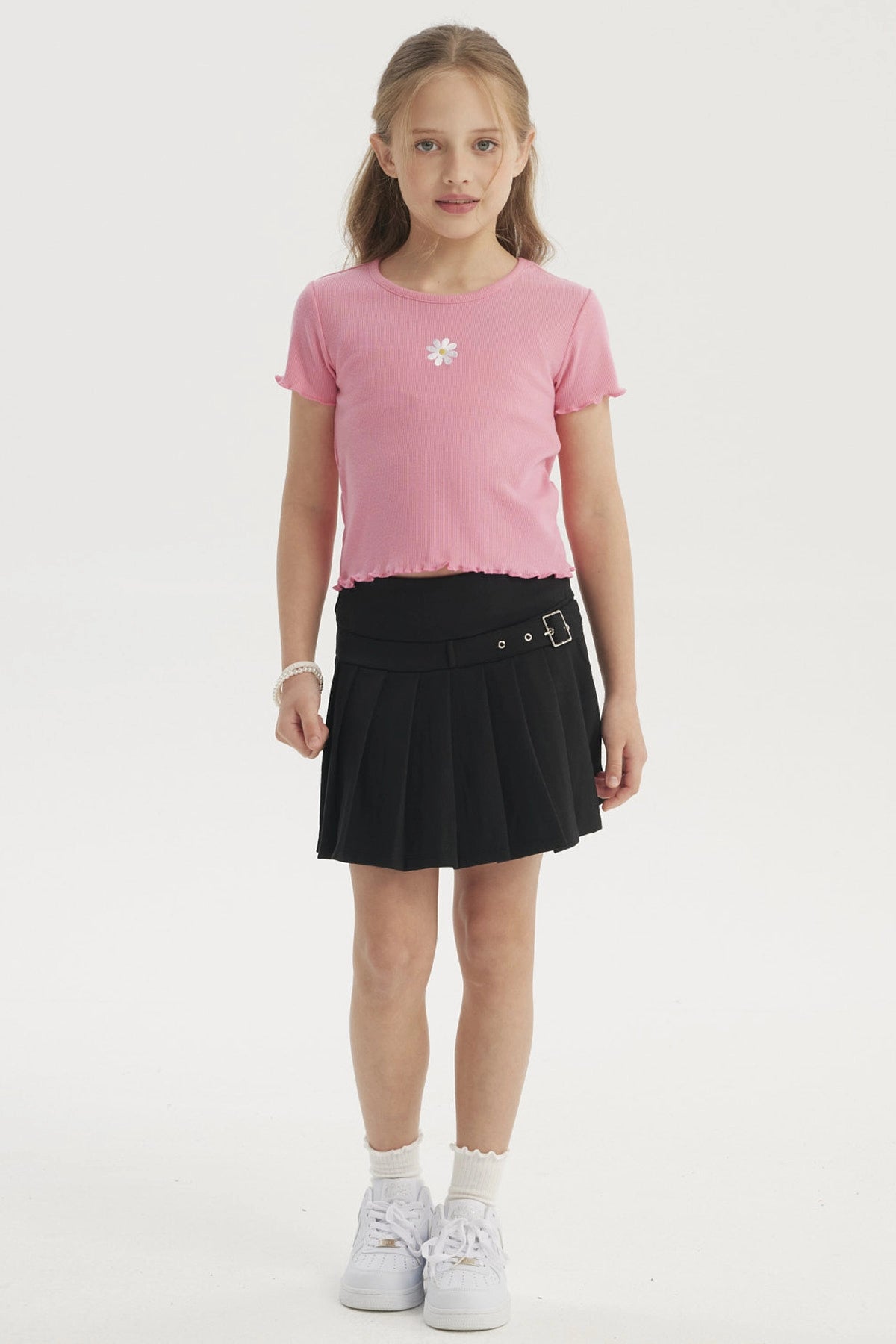 Polera Niña Rib Print Bordado Rosado