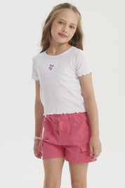 Polera Niña Rib Print Bordado Blanco