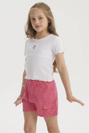 Polera Niña Rib Print Bordado Blanco