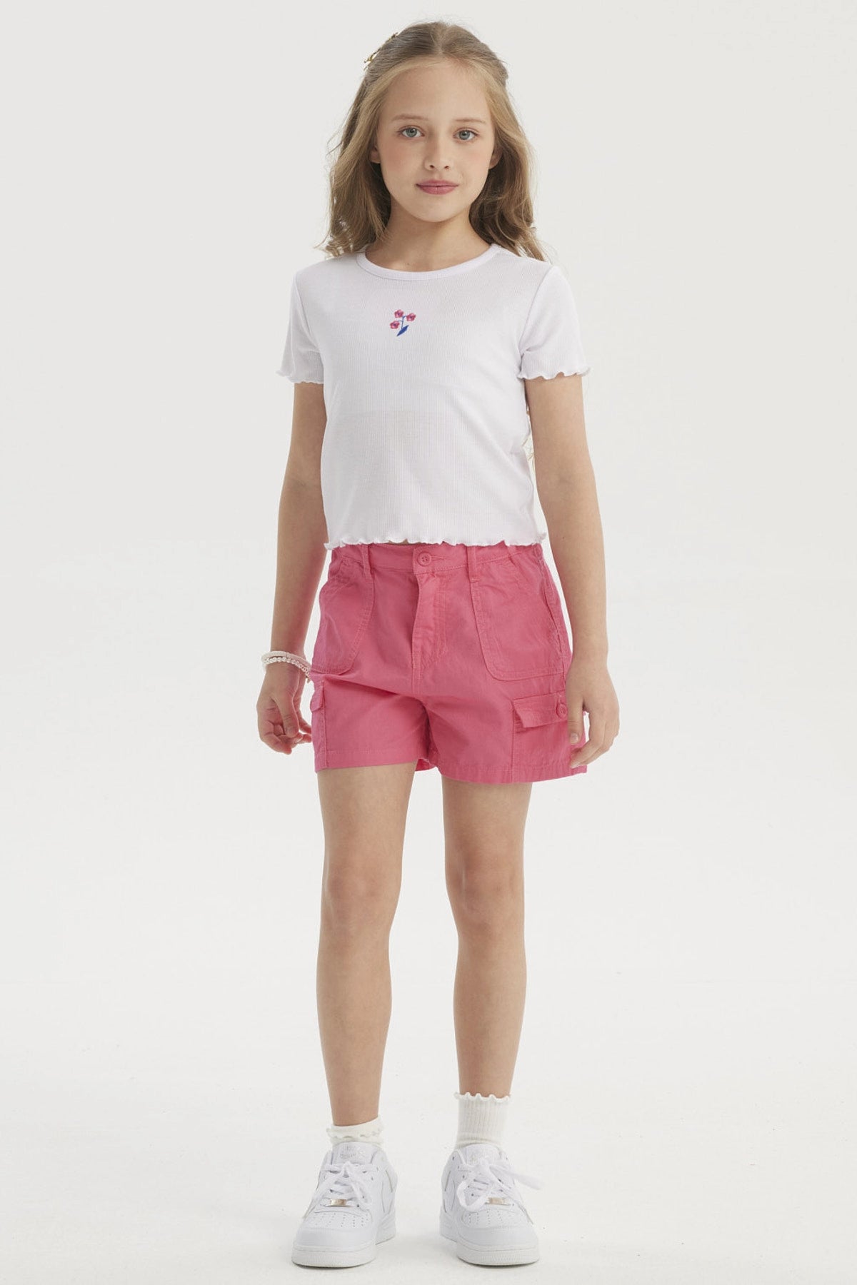 Polera Niña Rib Print Bordado Blanco