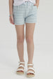 Short celeste para niña con textura ondulada sin estampa ajustable con lazo blanco ideal para el verano