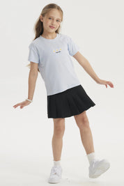 Polera celeste para niña con diseño de margaritas y texto Keep Smile en el pecho estilo casual y alegre