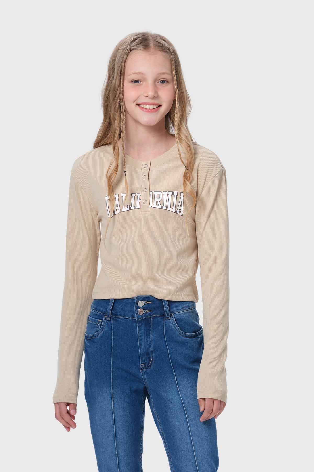 Polera Niña Con Botones Beige