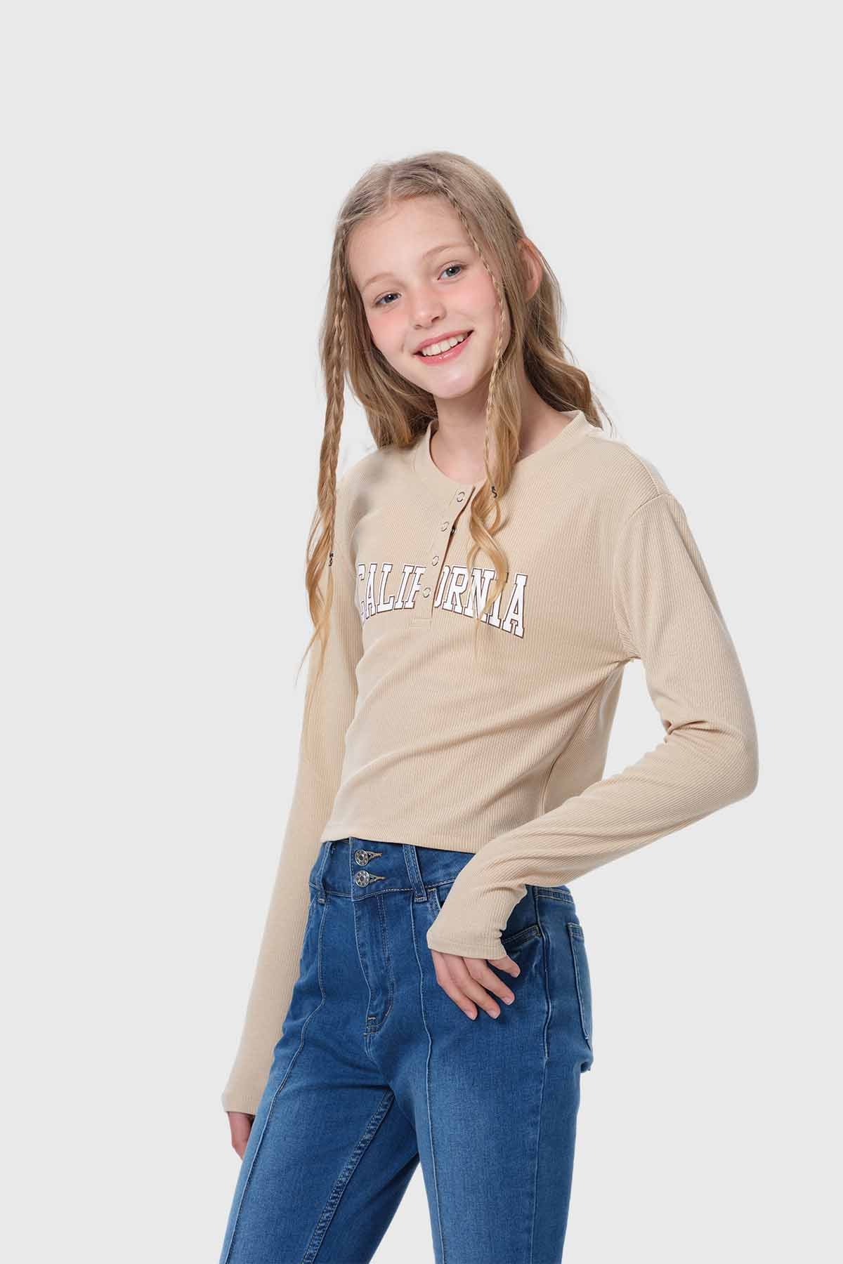 Polera Niña Con Botones Beige