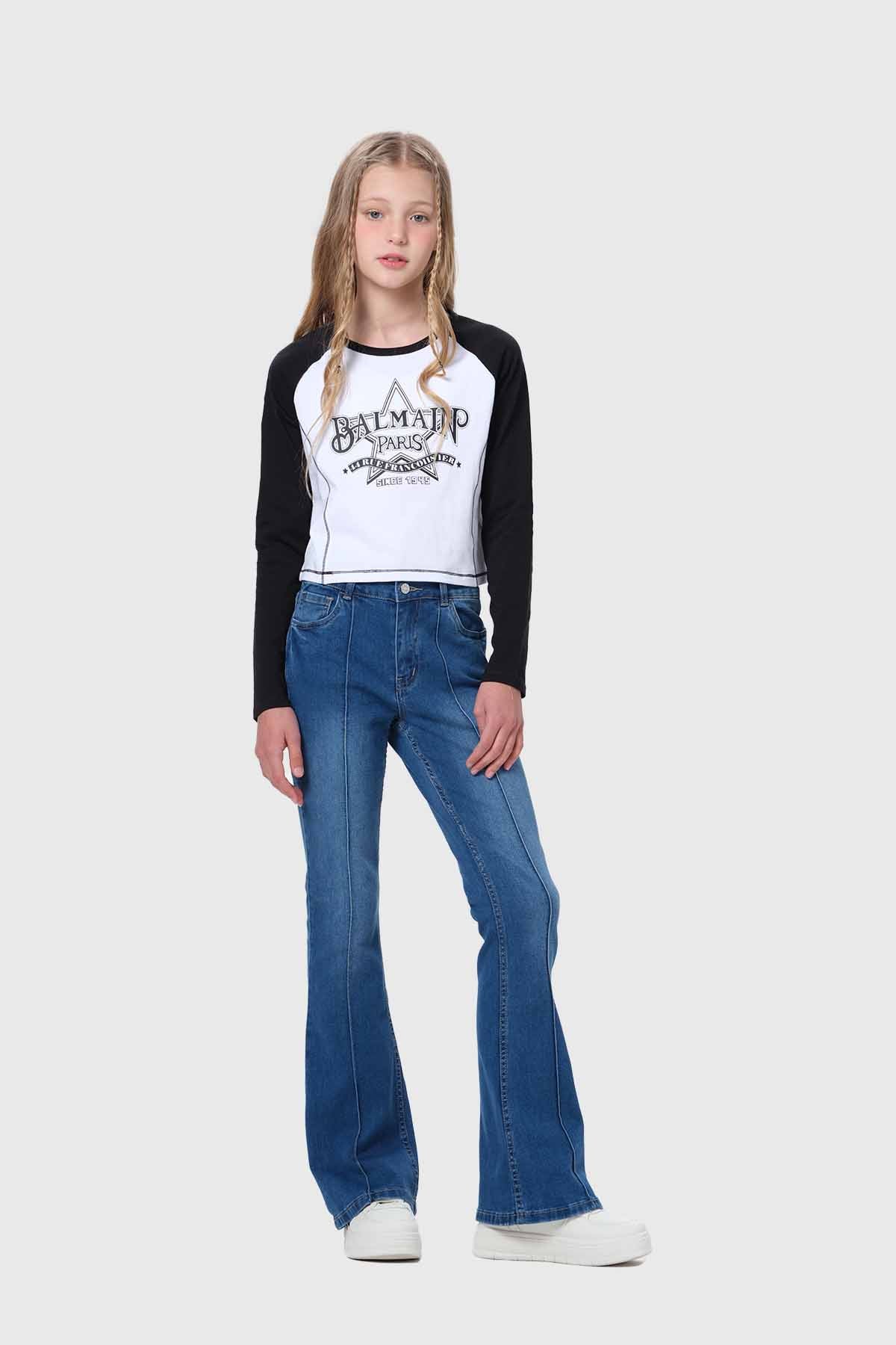 Jeans Niña Con Costura Azul