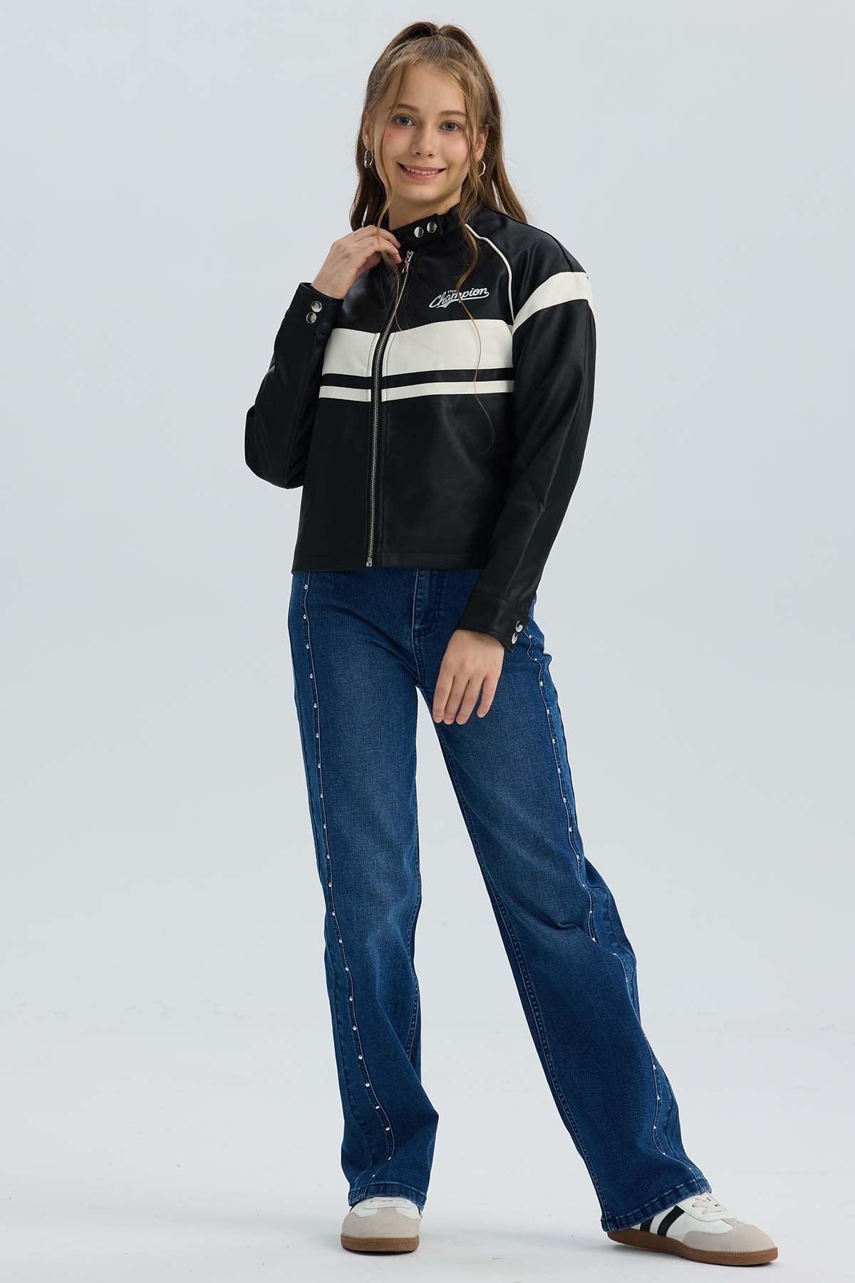 Chaqueta Niña Efecto Cuero Negro