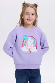Polerón lila para niña con estampado de gatito y arcoíris