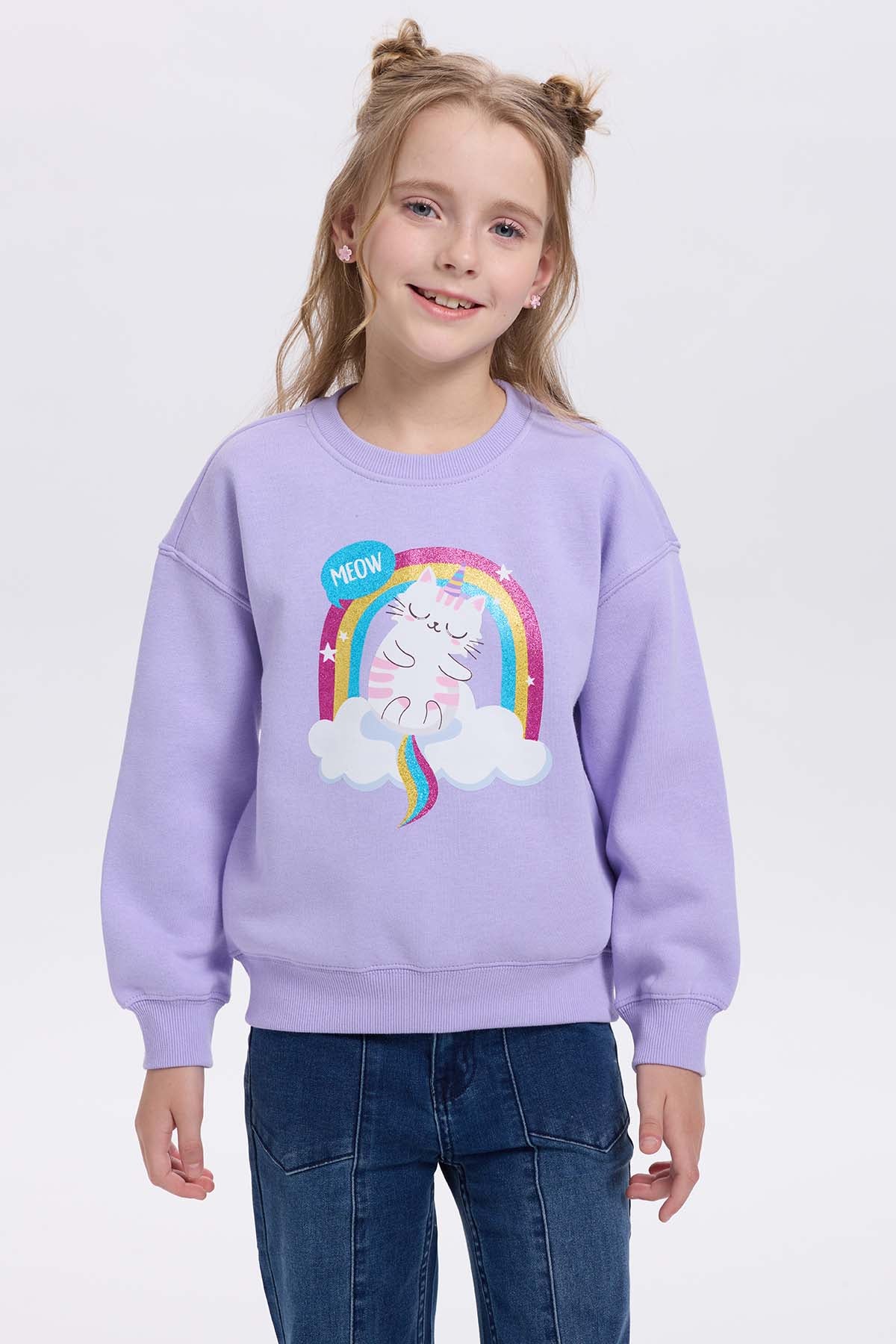 Polerón lila para niña con estampado de gatito y arcoíris