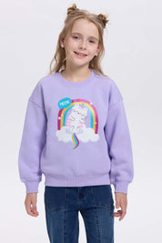 Polerón lila para niña con estampado de gatito y arcoíris