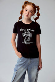 Polera Niña Básica Estampada Negro